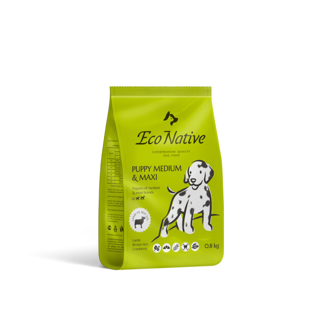 Eco Native сухой корм для щенков средних и крупных пород, с мясом степного ягненка и бурым рисом - 800 г