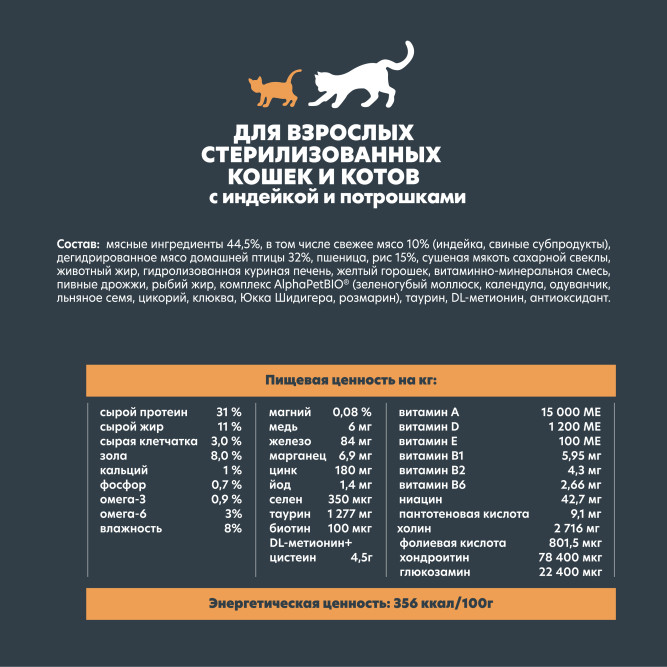 AlphaPet WOW Superpremium сухой полнорационный корм для взрослых стерилизованных кошек и котов с индейкой и потрошками - 350 г