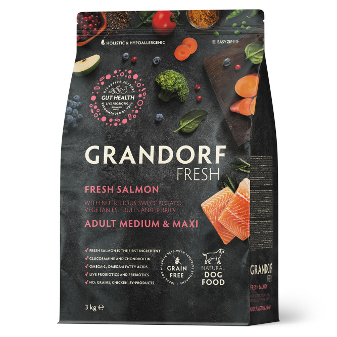 Grandorf Fresh Dog Adult Med&amp;Maxi Salmon&amp;Sweet Potato сухой беззерновой корм с живыми пробиотиками для взрослых собак средних и крупных пород с филе лосося и бататом - 3 кг