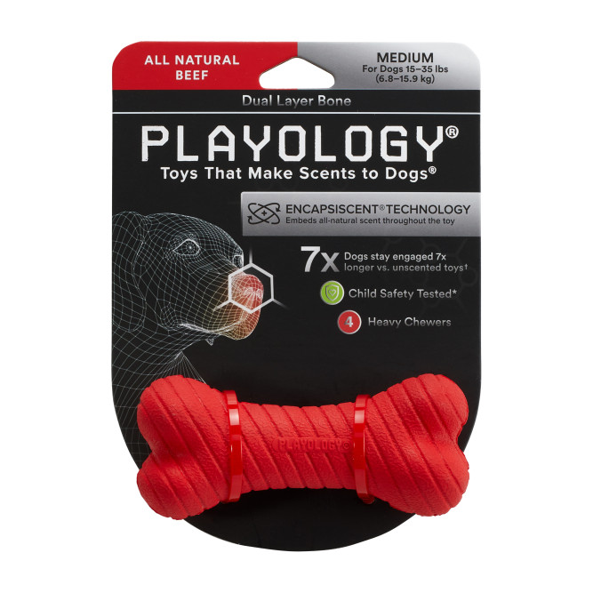 Playology DUAL LAYER BONE двухслойная жевательная косточка для собак с ароматом говядины, средняя, красный