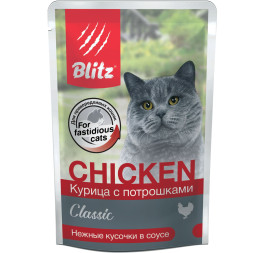 Blitz Cat Adult влажный корм для взрослых кошек с курицей и потрошками в соусе в паучах - 85 г (24 шт)