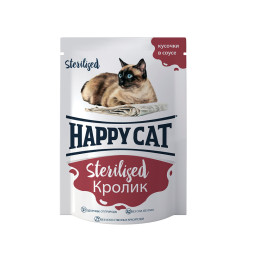 Happy Cat паучи для взрослых стерилизованных кошек и кастрированных котов, с кроликом, кусочки в соусе - 85 г х 24 шт