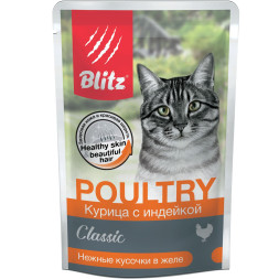 Blitz Cat Adult влажный корм для взрослых кошек с курицей и индейкой в желе в паучах - 85 г (24 шт)