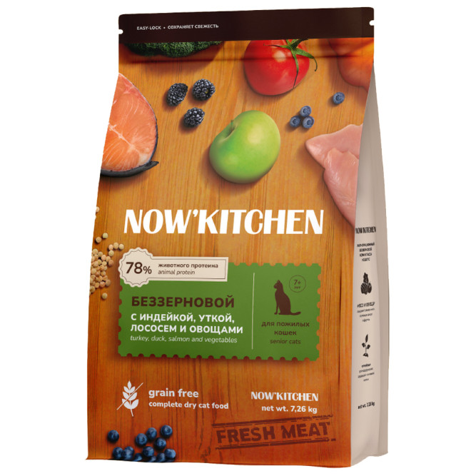 NOW' Kitchen сухой беззерновой корм для кошек старше 7 лет, со свежей индейкой, уткой и лососем - 7,26 кг