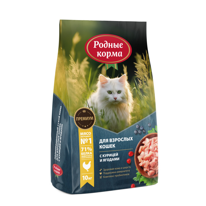Родные корма сухой корм для взрослых кошек с курицей и ягодами - 10 кг