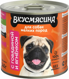 ВКУСМЯСИНА влажный корм для взрослых собак мелких пород с говядиной и ягненком, в консервах - 240 г х 12 шт