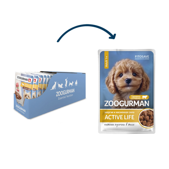 Зоогурман Active Life влажный корм для взрослых собак всех пород для энергии и жизненной силы с говядиной в желе, в паучах - 85 г х 30 шт
