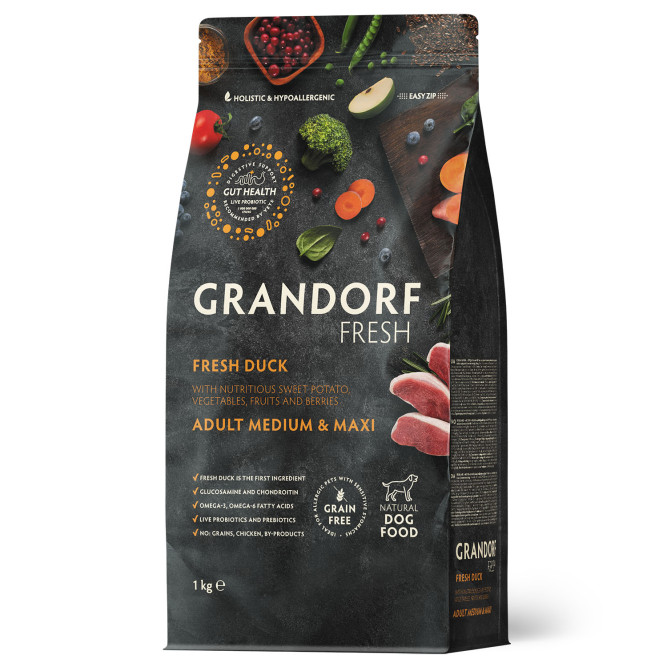 Grandorf Fresh Dog Adult Med&amp;Maxi Duck&amp;Sweet Potato сухой беззерновой корм с живыми пробиотиками для взрослых собак средних и крупных пород с уткой и бататом - 1 кг