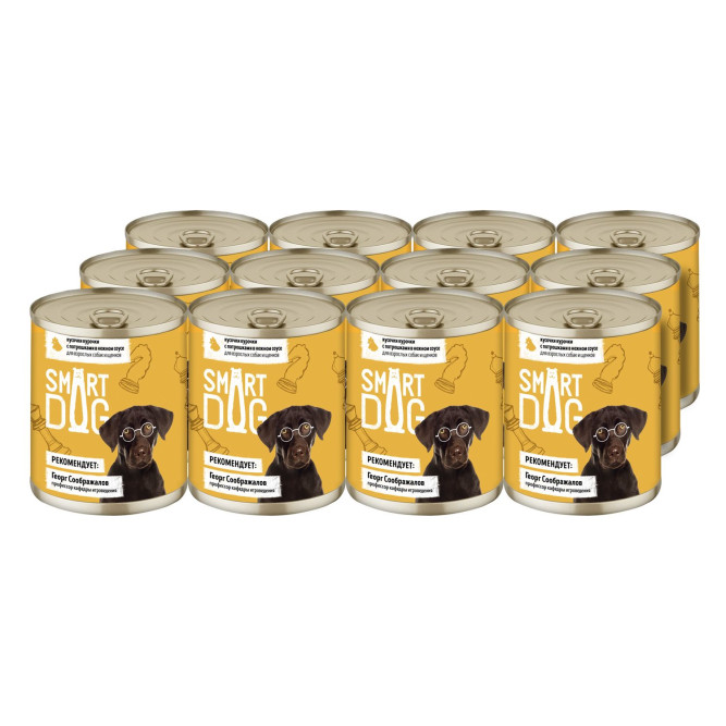 Smart Dog консервы для взрослых собак и щенков с курицей и потрошками кусочки в соусе - 240 г х 12 шт
