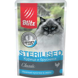 Blitz Cat Adult Sterilised влажный корм для стерилизованных кошек с курицей и брусникой в желе в паучах - 85 г (24 шт)