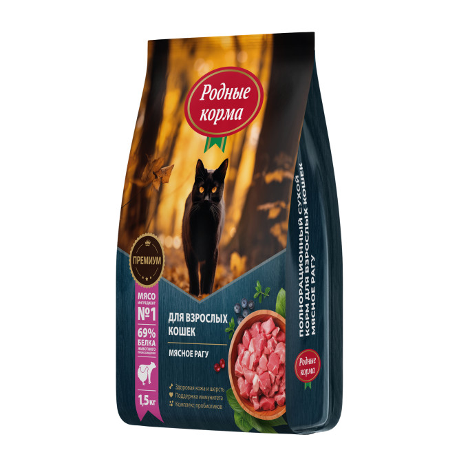 Родные корма сухой корм для взрослых кошек мясное рагу - 1,5 кг