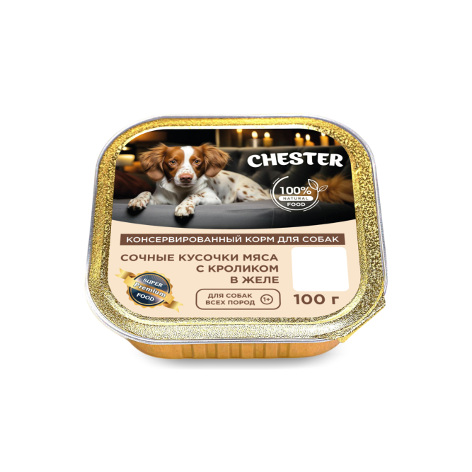Chester влажный корм для взрослых собак всех пород, сочные кусочки мяса с кроликом в желе, в ламистерах - 100 г х 16 шт