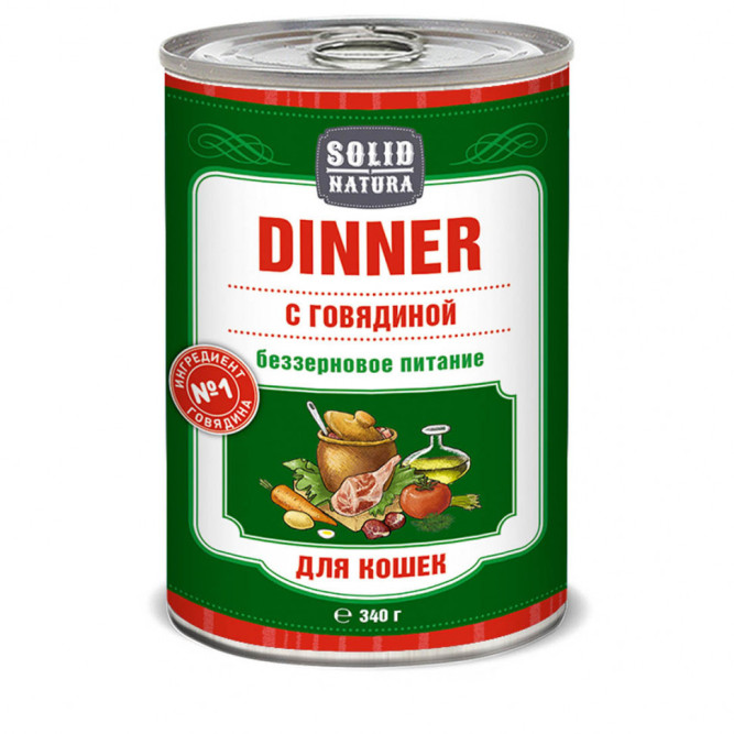 Solid Natura Dinner влажный корм для взрослых кошек с говядиной, в консервах - 340 г х 6 шт