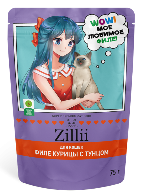 Zillii влажный корм для взрослых кошек с курицей и тунцом в желе, в паучах - 75 г х 12 шт