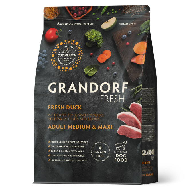 Grandorf Fresh Dog Adult Med&amp;Maxi Duck&amp;Sweet Potato сухой беззерновой корм с живыми пробиотиками для взрослых собак средних и крупных пород с уткой и бататом - 3 кг