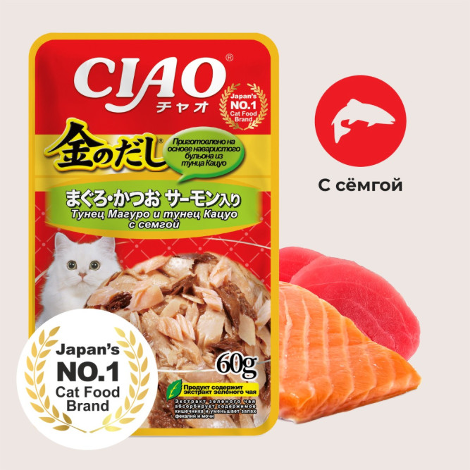 Inaba Ciao Kinnodashi влажный дополнительный корм для взрослых кошек, тунец Магуро и тунец Кацуо с семгой, в паучах - 60 г х 24 шт