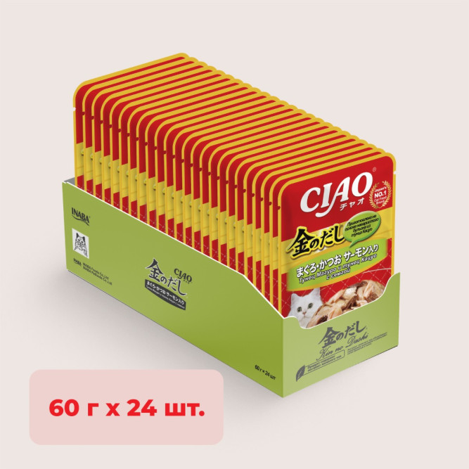 Inaba Ciao Kinnodashi влажный дополнительный корм для взрослых кошек, тунец Магуро и тунец Кацуо с семгой, в паучах - 60 г х 24 шт