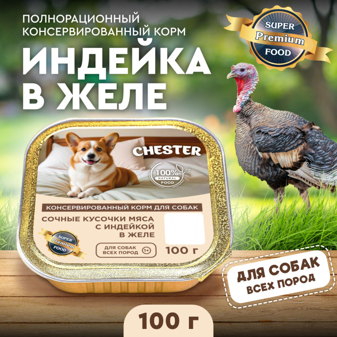 Chester влажный корм для взрослых собак всех пород, сочные кусочки мяса с индейкой в желе, в ламистерах - 100 г х 16 шт