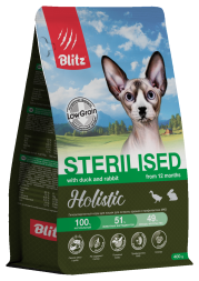 Blitz Holistic Sterilised Duck and Rabbit полнорационный сухой корм для стерилизованных кошек со свежей уткой, кроликом и рыбой - 400 г