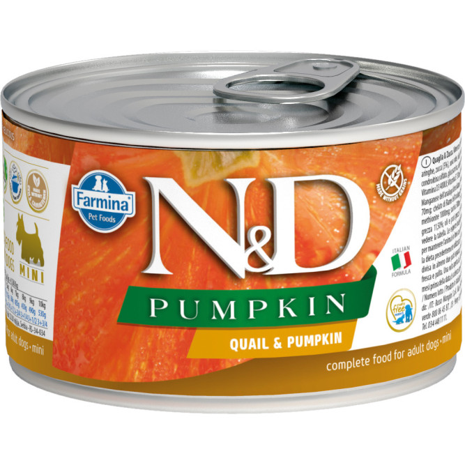 Farmina N&amp;D Pumpkin Dog Mini влажный беззерновой корм для взрослых собак мелких пород с тыквой и перепелом - 140 г (6 шт в уп)