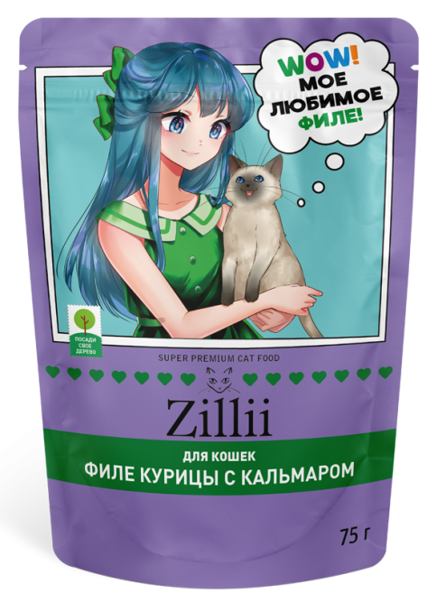 Zillii влажный корм для взрослых кошек с курицей и кальмаром в желе, в паучах - 75 г х 12 шт