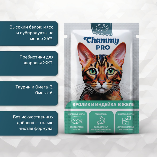 Chammy Pro влажный корм для взрослых кошек с кроликом и индейкой в желе, в паучах - 85 г х 30 шт