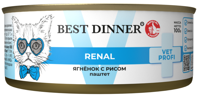 Best Dinner Exclusive Vet Profi Renal диетический влажный корм для взрослых кошек при болезни почек, с ягненком и рисом, в консервах - 100 г х 12 шт