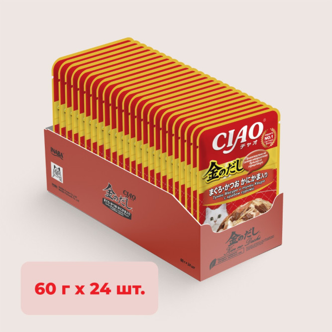 Inaba Ciao Kinnodashi влажный дополнительный корм для взрослых кошек, тунец Магуро и тунец Кацуо с крабом сурими, в паучах - 60 г х 24 шт