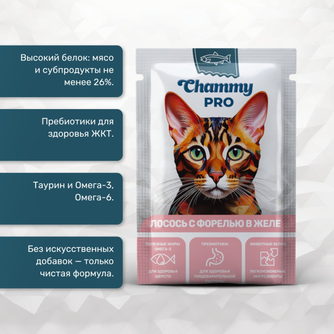 Chammy Pro влажный корм для взрослых кошек с лососем и форелью в желе, в паучах - 85 г х 30 шт