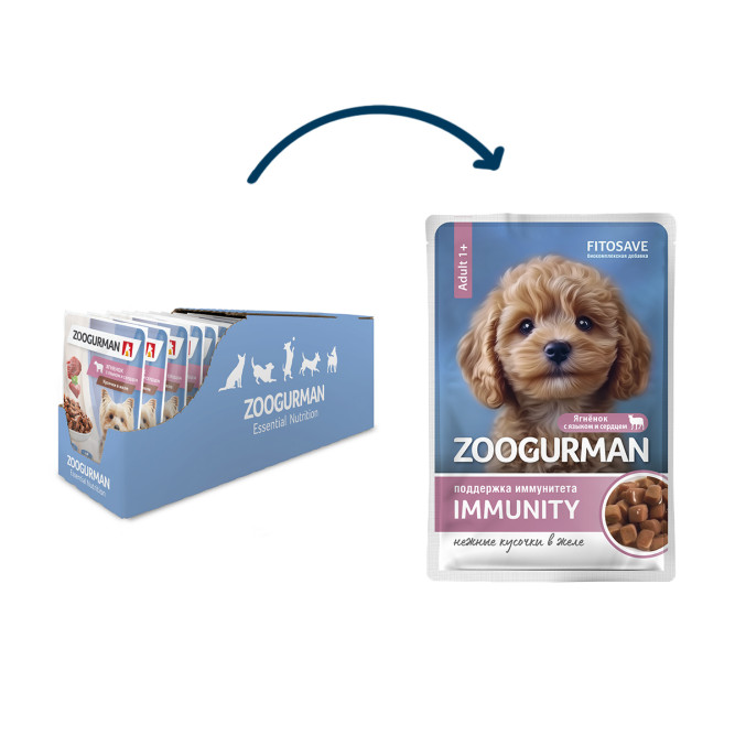 Зоогурман Immynity влажный корм для взрослых собак всех пород для поддержки иммунитета с ягненком, языком и сердцем в желе, в паучах - 85 г х 30 шт