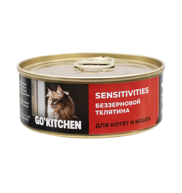 Go' Kitchen беззерновой влажный корм для взрослых кошек и котят с чувствительным пищеварением, с телятиной - 100 г х 12 шт