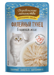 Деревенские лакомства Домашние обеды влажный корм для взрослых кошек с филейным тунцом в нежном желе, в паучах - 70 г х 12 шт