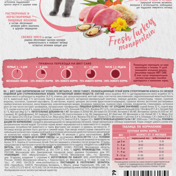 Брит Кеа Cat Sterilised Metabolic Monoprotein сухой корм для стерилизованных кошек, с индейкой - 1,5 кг