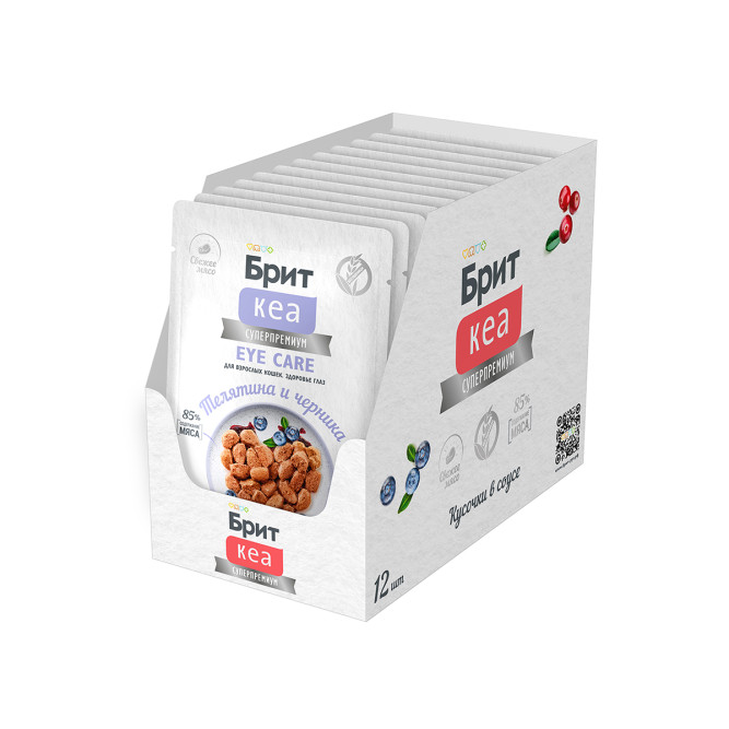 Брит Кеа Eye Care влажный корм для взрослых кошек, для здоровья глаз, с телятиной и черникой, кусочки в соусе, в паучах - 85 г х 12 шт