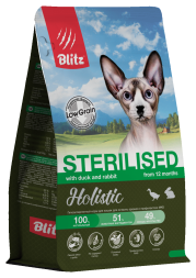 Blitz Holistic Sterilised Duck and Rabbit полнорационный сухой корм для стерилизованных кошек со свежей уткой, кроликом и рыбой - 5 кг