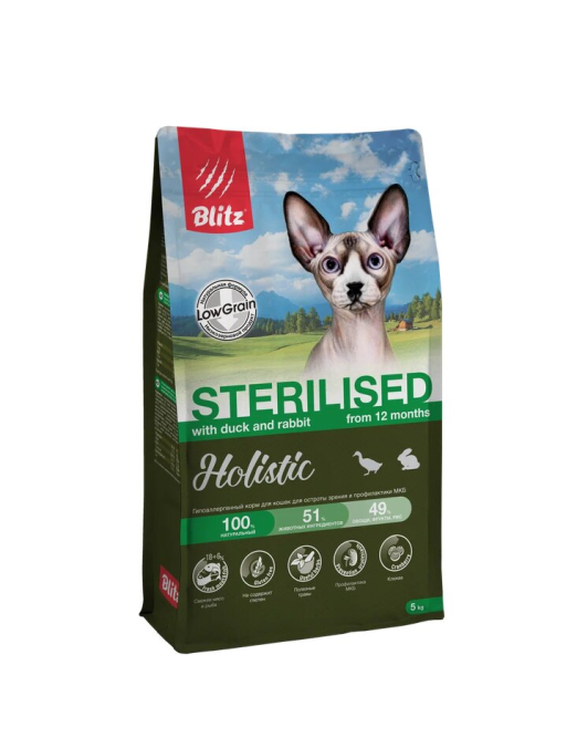 Blitz Holistic Sterilised Duck and Rabbit полнорационный сухой корм для стерилизованных кошек со свежей уткой, кроликом и рыбой - 5 кг