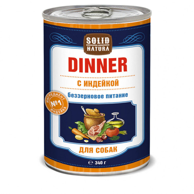 Solid Natura Dinner влажный корм для взрослых собак с индейкой, в консервах - 340 г х 6 шт