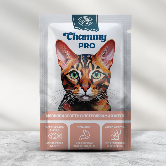 Chammy Pro влажный корм для взрослых кошек, мясное ассорти с потрошками в желе, в паучах - 85 г х 30 шт