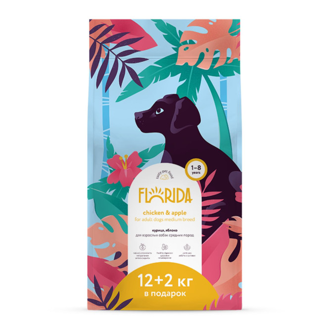 Florida сухой корм для взрослых собак средних пород с курицей и яблоком 12+2 кг