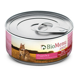 BioMenu Adult влажный корм для взрослых кошек мясной паштет с индейкой, в консервах  - 100 г х 24 шт
