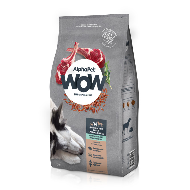 AlphaPet WOW Superpremium полнорационный сухой корм для взрослых собак средних пород с чувствительным пищеварением, с ягненком и бурым рисом - 15 кг