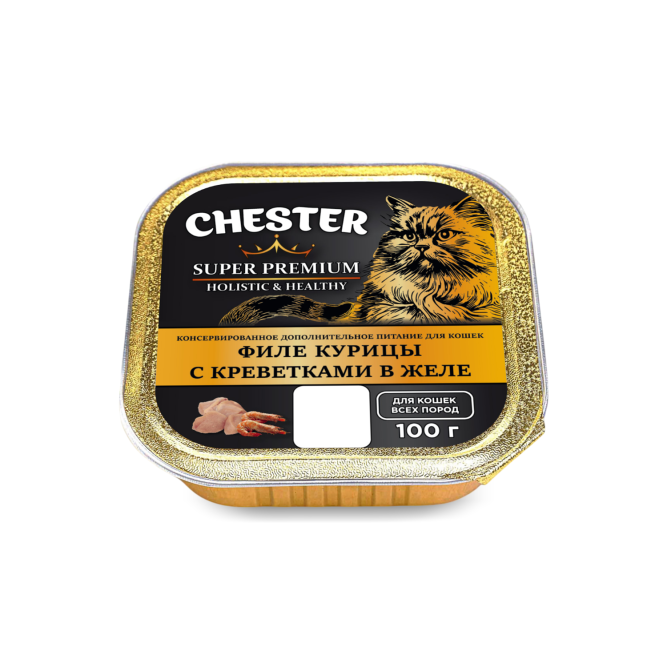Chester влажный дополнительный корм для взрослых кошек, филе курицы с креветками в желе, в ламистерах - 100 г х 16 шт