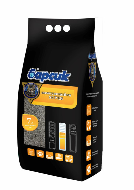 Барсик SUPER наполнитель комкующийся бентонитовый - 3,3 л (впитывает до 7 л)