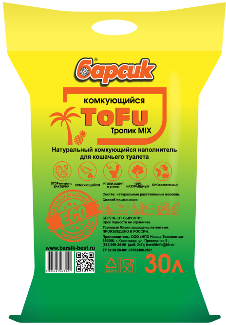 Барсик ToFu комкующийся наполнитель для кошачьего туалета, с ароматом Тропик Микс - 30 л