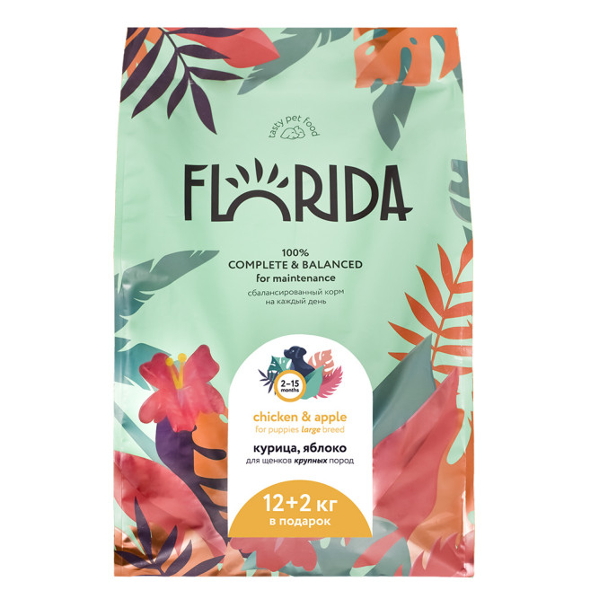 Florida сухой корм для щенков крупных пород с курицей и яблоком - 12+2 кг