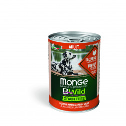 Monge Dog BWild Grain Free влажный беззерновой корм для взрослых собак всех пород с индейкой, тыквой и кабачками в консервах 400 г (24 шт в уп)