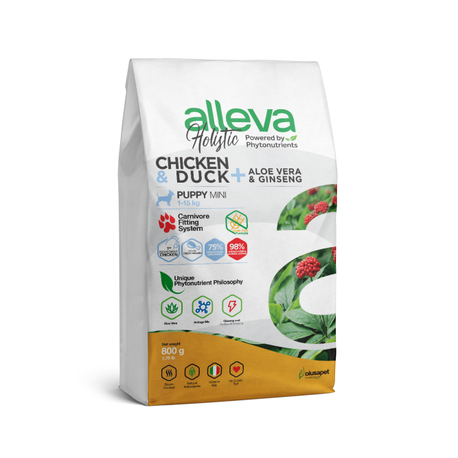 Alleva Holistic Puppy/Junior Chicken &amp; Duck Mini сухой корм для щенков и юниоров с курицей и уткой, алое вера и женьшенем - 800 г