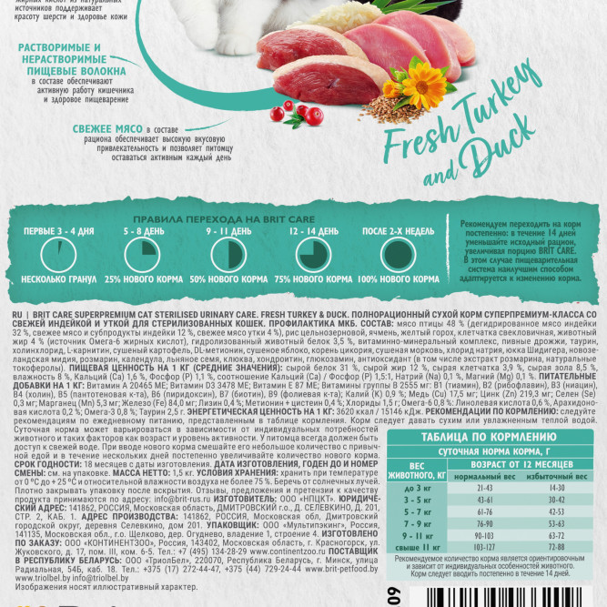 Брит Кеа Cat Sterilised Urinary Care сухой корм для стерилизованных кошек для профилактики МКБ, с индейкой и уткой - 1,5 кг