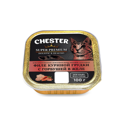 Chester влажный дополнительный корм для взрослых кошек, филе куриной грудки с горбушей в желе, в ламистерах - 100 г х 16 шт