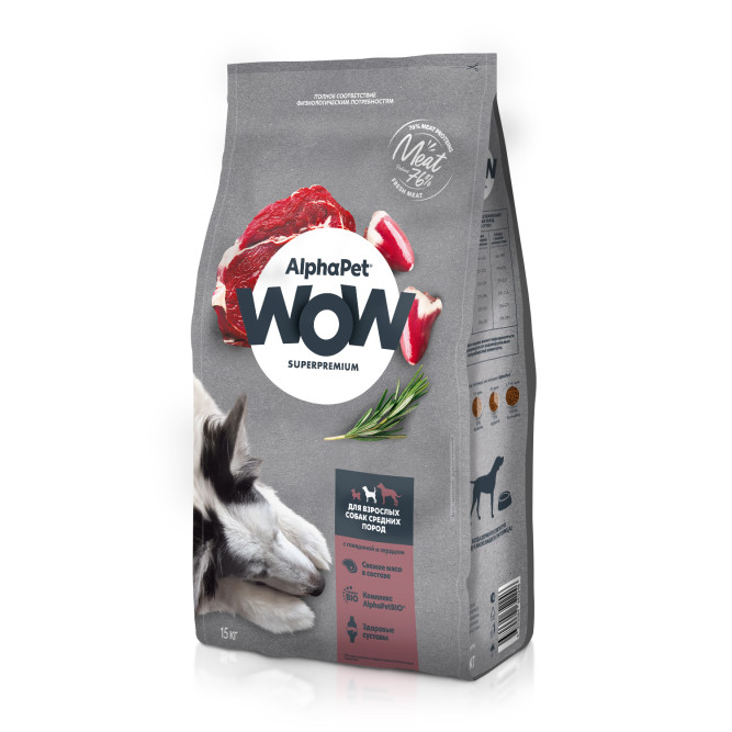 AlphaPet WOW Superpremium полнорационный сухой корм для взрослых собак средних пород с говядиной и сердцем - 15 кг